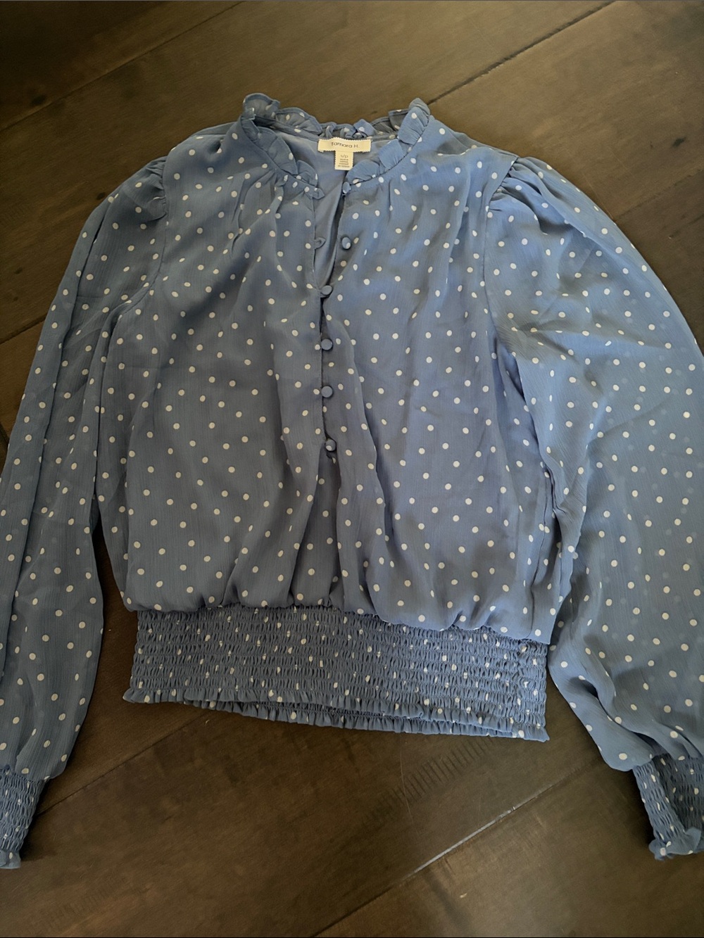 Light Blue White Polka Dot Smocked Hem Blouse